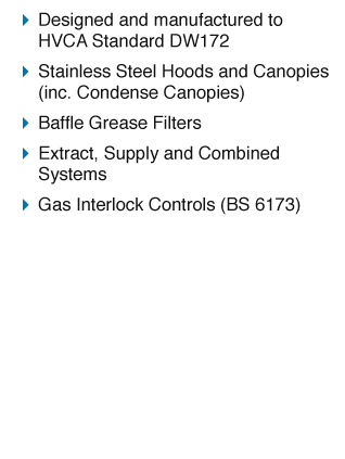 commercial kitchen extract ventilation, DW172, stainless steel canopy, baffle grease filters, carbon filter, gas interlock, BS 6173